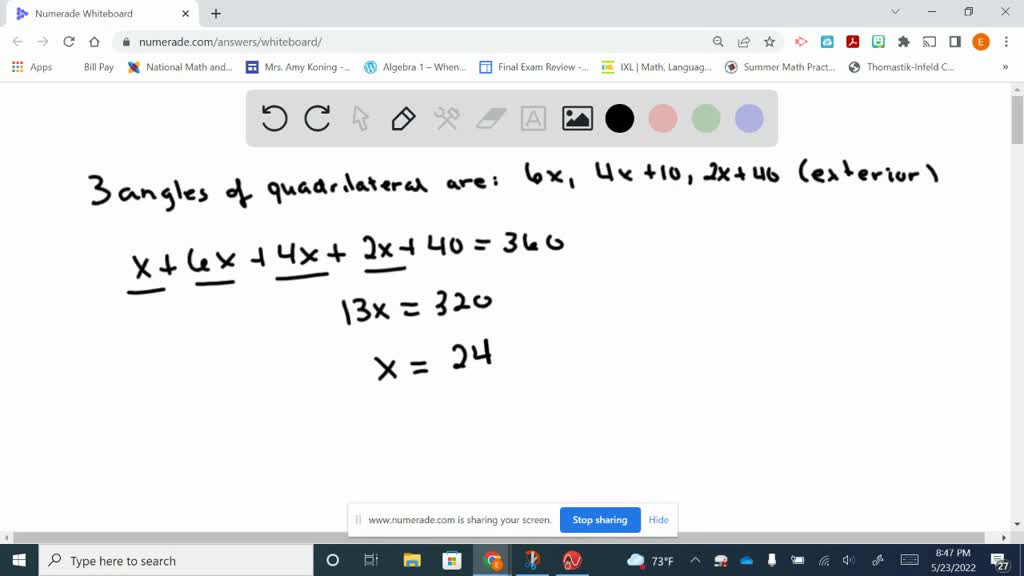 Solved Three Measures Of The Exterior Angles Of A Convex Quadrilateral Are 6x 4x 10 2x 40 Find The Measurement Of Each Exterior Angle