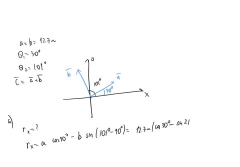 the-two-vectors-a-and-b-in-the-figure-have-equal-magnitudes-of-127-m-and-the-angles-are-1-30-and-2-101-find-a-the-x-component-and-b-the-y-component-of-their-vector-sum-r-c-the-magnitude-of-r-15428