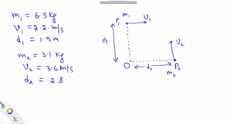 in-the-instant-of-fig-11-41-two-particles-move-in-an-x-y-plane-particle-p_1-has-mass-65-mathrmkg-a-2-95965