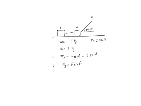 question-1-a-light-inelastic-string-connects-two-blocks-of-mass-15-mathrmkg-and-2-mathrmkg-respectively-a-force-is-applied-at-angle-of-20circ-on-block-a-if-a-force-f-of-825-mathrmn-is-applied-on-block