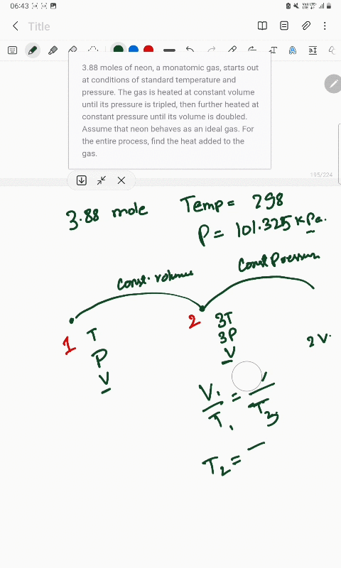 388-moles-of-neon-a-monatomic-gas-starts-out-at-conditions-of-standard-temperature-and-pressure-the-gas-is-heated-at-constant-volume-until-its-pressure-is-tripled-then-further-heated-at-constant-press