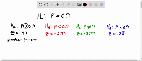 consider-using-a-z-test-to-test-h0-p-09-determine-the-p-value-in-each-of-the-following-situations-round-your-answers-to-four-decimal-places-a-ha-p-09-z-147-b-ha-p-09-z-277-c-ha-p-09-z-277-d-13482