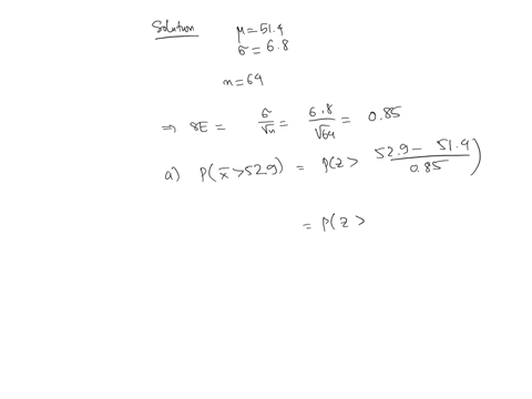 a-random-sample-of-size-64-is-taken-from-a-normal-population-with-mean-514-and-standard-deviation-68-what-is-the-probability-that-the-mean-of-the-sample-will-a-exceed-529-b-fall-between-505-47717