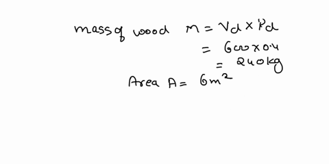a-raft-is-constructed-of-wood-having-a-density-of-600x102-kgm3-its-surface-area-is-600-m2-and-its-volume-is-040-m3-when-the-raft-is-placed-in-fresh-water-to-what-depth-h-is-the-raft-submerge-79632