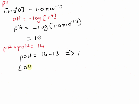 Using the equations: pH = -log [H+] and pH = 14 - pOH,...