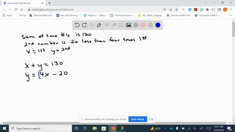 the-sum-of-a-first-and-second-number-is-130-if-the-second-number-is-20-less-than-four-times-the-first-number-find-the-two-numbers-let-x-represent-the-first-number-and-y-represent-the-second-08807