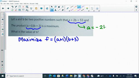 let-a-and-b-be-two-positive-numbers-such-that-a-2b-53-and-the-product-a-1b-3-is-a-maximum-what-is-the-value-of-b-82458