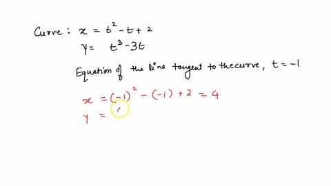 a-curve-is-described-by-the-parametric-equations-xt2-t2-and-yt3-3t-find-the-equation-of-the-line-tangent-to-the-curve-at-the-point-determined-by-t-1-16239