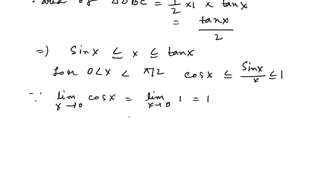 SOLVED: Use the Squeeze Theorem to prove the identity lim x->0 sin(x)/x ...