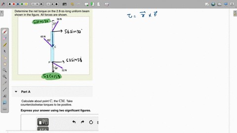 determine-the-net-torque-on-the-28-m-long-uniform-beam-shown-in-the-figure-all-forces-are-shown-56-n-65n-52n-part-a-calculate-about-point-c-the-cm-take-counterclockwise-torques-to-be-positiv-82121