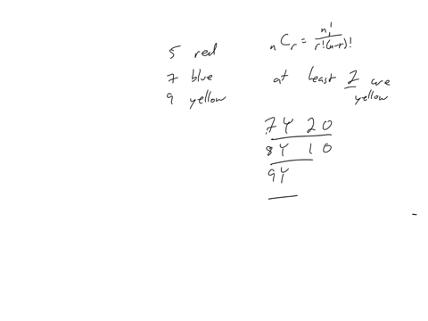 5-red-7-blue-and-9-yellow-candies-are-in-a-dish-if-9-candies-are-selected-what-is-the-probability-that-at-least-7-candies-are-yellow-enter-your-answer-as-an-unreduced-fraction