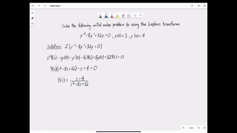 use-the-laplace-transiorm-to-solve-the-following-initial-value-problem-y-8y-32y-0-y0-1-y-0-first-using-y-for-the-laplace-transform-of-yt-iey-cylt-find-the-equation-you-get-by-taking-the-lapl-37213
