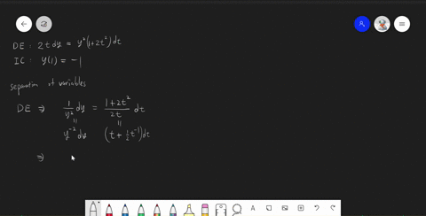 problem-2-separation-of-variables-find-the-ivp-solution-for-the-following-differential-equation-by-separation-of-variables-de-2t-dy-y1-2t2-dt-ic-y1-14-solution-begin-by-separating-the-variab-87278