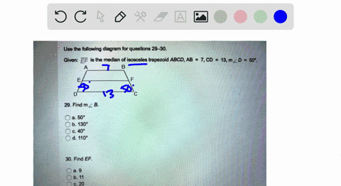 use-the-follawing-diagram-for-questions-29-30-civen-ef-is-the-median-of-isosceles-trapezoid-abcd-ab-n-7-cdi13-mz-dei503-29-find-mz-b-oa-508-b-1309-c-40-d-110-30-find-ef-a-9-8-b11-020-hehano-23187