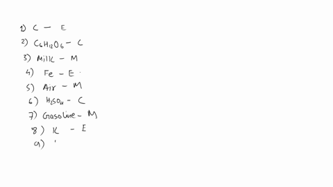 help-i-need-this-now-classify-each-of-the-following-as-elements-e-compounds-c-or-mixtures-m-diamond-c-sugar-cohizos-3-milk-iron-fe-5-air-6-sulfuric-acid-hzso4-gasoline-8-krypton-9-bismuth-bi-92431