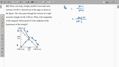 q1-three-very-long-straight-parallel-wires-each-carry-currents-of-400-a-directed-out-of-the-page-as-shown-in-the-figure-the-wires-pass-through-the-vertices-of-a-right-isosceles-triangle-of-s-81478