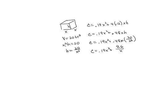 a-rectangular-box-with-no-top-is-to-have-a-square-base-and-a-volume-of-20-ft3-the-material-for-the-base-costs-19-centsft2-and-the-material-for-the-sides-costs-12-centsft2-if-x-denotes-the-le-10287