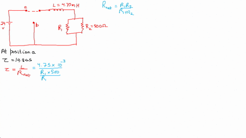 consider-the-circuit-shown-in-the-figure-below-where-l-475-mh-and-r2-500-the-switch-s-can-be-positioned-at-either-a-or-b-awhen-the-switch-is-at-position-a-the-time-constant-is-148-s-what-is-07495