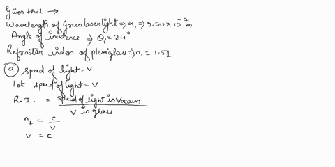 green-laser-light-of-wavelength-530-x-10-7-m-in-air-refracts-from-air-into-plexiglass-n-151-the-light-makes-an-angle-240-with-the-normal-to-the-surface-what-is-the-speed-of-the-light-in-the-82418
