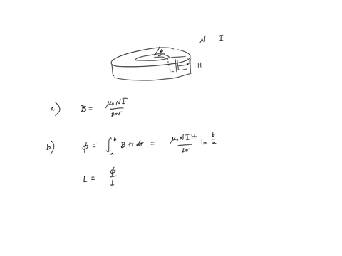 consider-a-toroid-of-rectangular-cross-section-as-shown-the-inner-wall-of-the-toroid-is-a-distance-a-from-the-center-and-the-outer-wall-a-distance-b-from-the-center-the-height-of-the-toroid-46939