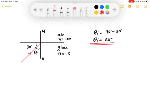 a-light-beam-in-glass-n-15-reaches-an-air-glass-interference-at-an-angle-of-30-degrees-from-the-surface-what-is-the-angle-of-the-refracted-light-beam-in-air-measured-from-the-surface-in-degr-30207