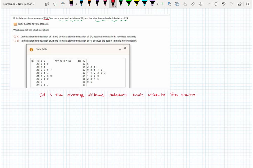 SOLVED: data set with mean 20. One has a Standard deviation of 3.96 and ...