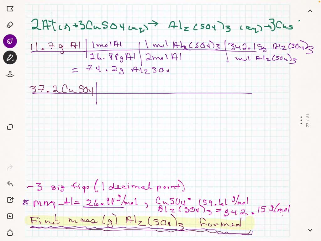 SOLVED Consider the reaction 2Al(s) + 3H2SO4(aq) > Al2(SO4)3(aq