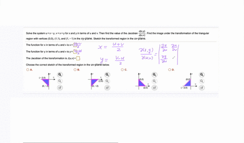 oxy-solve-ihe-system-ux-y-vx-for-x-and-in-terms-of-u-and-then-find-the-value-of-the-jacobian-find-the-image-under-the-transformation-of-the-triangular-duv-region-with-vertices-00-11-and-1-1-60452