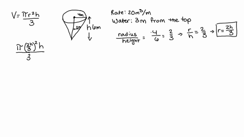 a-water-tank-is-in-the-shape-of-frustum-of-a-cone-with-height-6-m-and-upper-and-lower-radii-4-m-and-2-m-respectively-if-water-pours-into-the-tank-at-a-rate-of-20-m3-min-how-fast-is-the-water-79263