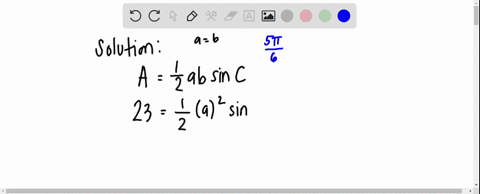 an-isosceles-triangle-has-an-area-of-23-cm-squared-and-the-angle-between-the-two-equal-sides-is-5-pi-6-find-the-length-of-the-two-equal-sides-please-help-im-on-a-time-crunch-and-i-cant-figur-55525