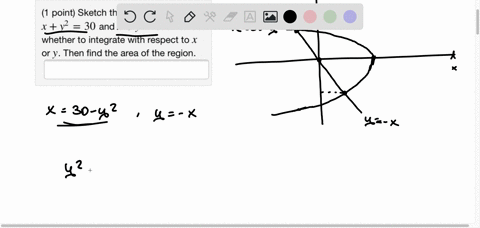 1-point-sketch-the-region-enclosed-by-xy2-30-and-x-y-0-decide-whether-to-integrate-with-respect-to-x-or-y-then-find-the-area-of-the-region-75149