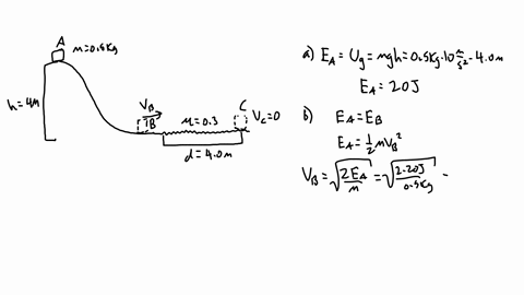 a-block-of-mass-m-05-kg-starts-to-slide-from-rest-at-the-top-a-ofa-curved-track-at-a-height-h-4-m-there-is-no-friction-between-the-block-and-the-track-between-points-a-and-b-then-the-block-s-64223
