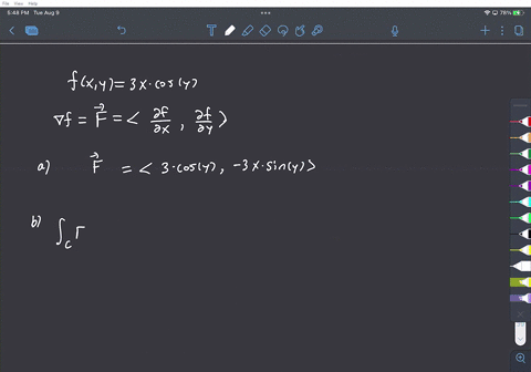let-fxy-3xcos-y-find-the-conservative-vector-field-f-which-is-the-gradient-of-f-give-your-answer-using-component-form-or-standard-basis-vectors-express-numbers-in-exact-form-use-symbolic-not-67649
