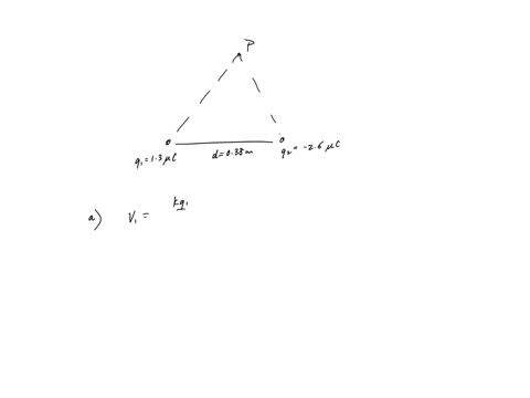 two-charges-of-q1-13-c-and-q2-26-c-are-d-038-m-apart-at-two-vertices-of-an-equilateral-triangle-as-in-the-figure-below-two-charges-and-a-point-are-located-at-the-vertices-of-an-equilateral-t-51523