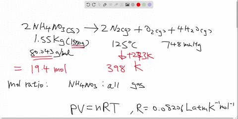 ammonium-nitrate-decomposes-explosively-upon-heating-according-to-the-balanced-equation-calculate-the-total-volume-of-gas-at-125-c-and-748-mmhg-produced-by-the-complete-decomposition-of-155-kg-of-ammo