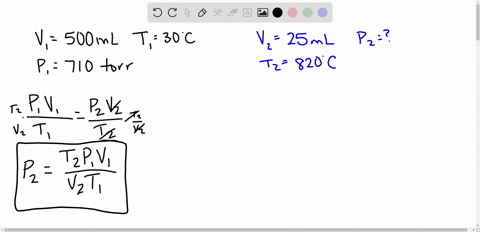 an-ideal-gas-is-contained-in-a-cylinder-with-a-volume-of-500-ml-at-a-temperature-of-300-c-and-a-pressure-of-710-torr-the-gas-is-then-compressed-to-a-volume-of-25-ml-and-the-temperature-is-ra-84667