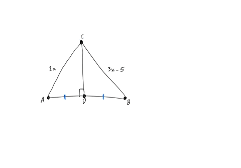 in-the-figure-cd-is-the-perpendicular-bisector-of-ab-if-the-length-of-ac-is-2x-and-the-length-of-bc-is-3x-5-the-value-of-x-is-see-diagram-please-help-and-explain-if-possible-instructions-typ-70058