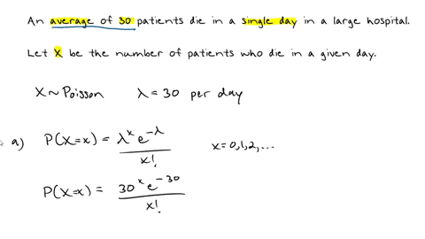 an-average-of-30-patients-die-in-a-single-day-in-a-large-hospital-a-find-the-probability-distribution-expected-value-variance-of-the-number-of-patients-who-died-in-one-day-bthe-probability-d-27524