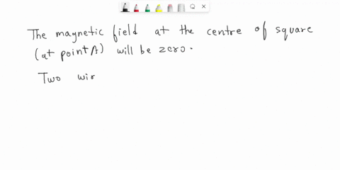 four-long-parallel-wires-are-located-at-the-corners-of-a-square-of-side-each-wire-carries-a-current-the-top-two-currents-are-directed-into-the-page-and-the-bottom-two-out-of-the-page_-the-to-19475