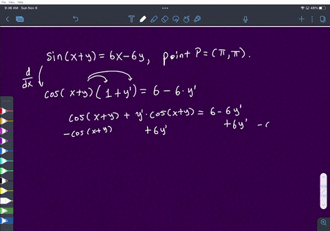 5-points-use-implicit-differentiation-to-find-an-equation-of-the-tangent-line-to-the-curve-sinxy6x6y-at-the-point-tangent-line-equation