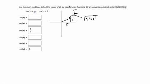 use-the-given-conditions-to-find-the-values-of-all-six-trigonometric-functions-if-an-answer-is-undefined-enter-undefined-tanx-5-cosx-0-sinx-cosx-tanx-5-cscx-secx-cotx-30501