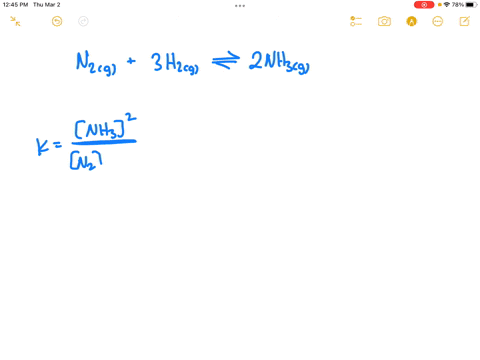 the-equilibrium-constant-k-of-the-reaction-is-812-n2g3h2g2nh3g-if-at-equilibrium-h2-0300-m-and-nh3-0200-m-what-is-the-concentration-of-n2-at-equilibrium-90593
