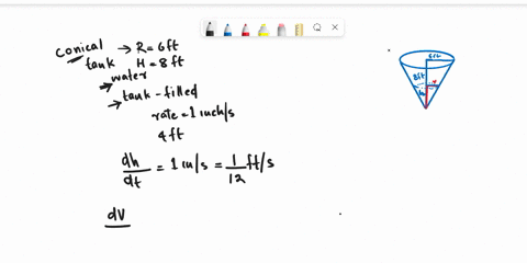 a-conical-tank-with-circular-base-on-top-is-being-filled-with-water-at-a-constant-rate-the-tank-has-base-radius-6-feet-and-height-8-feet-if-the-water-level-is-rising-at-1-inch-per-second-whe-94183