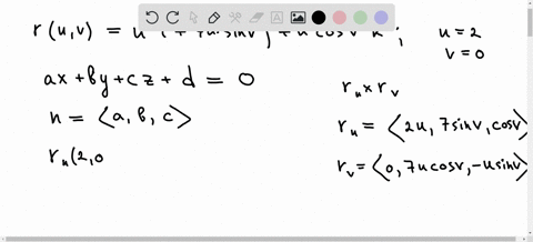 find-an-equation-of-the-tangent-plane-to-the-given-parametric-surface-at-the-specified-point-ru-v-u2-i-7u-sinv-j-u-cosv-k-u-2-v-0-42304