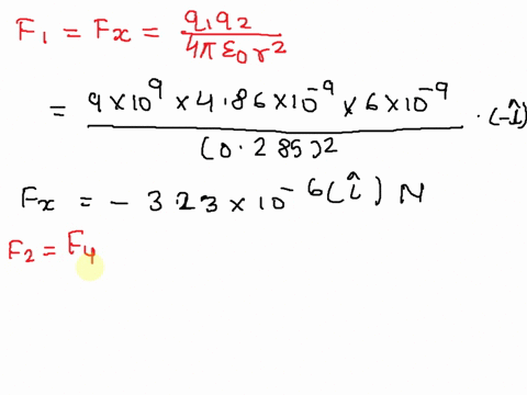 three-charges-are-arranged-as-shown-in-the-figure-below-find-the-magnitude-and-direction-of-the-electrostatic-force-on-the-charge-q-496-nc-at-the-origin-let-_-112-0295-m-600-nc-0100-m-300-nc-57245