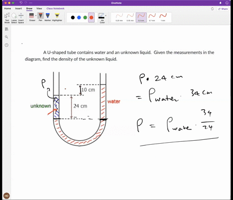 a-u-shaped-tube-contains-water-and-an-unknown-liquid-given-the-measurements-in-the-diagram-find-the-density-of-the-unknown-liquid-jo-cm-water-unknown-24-cm-53716