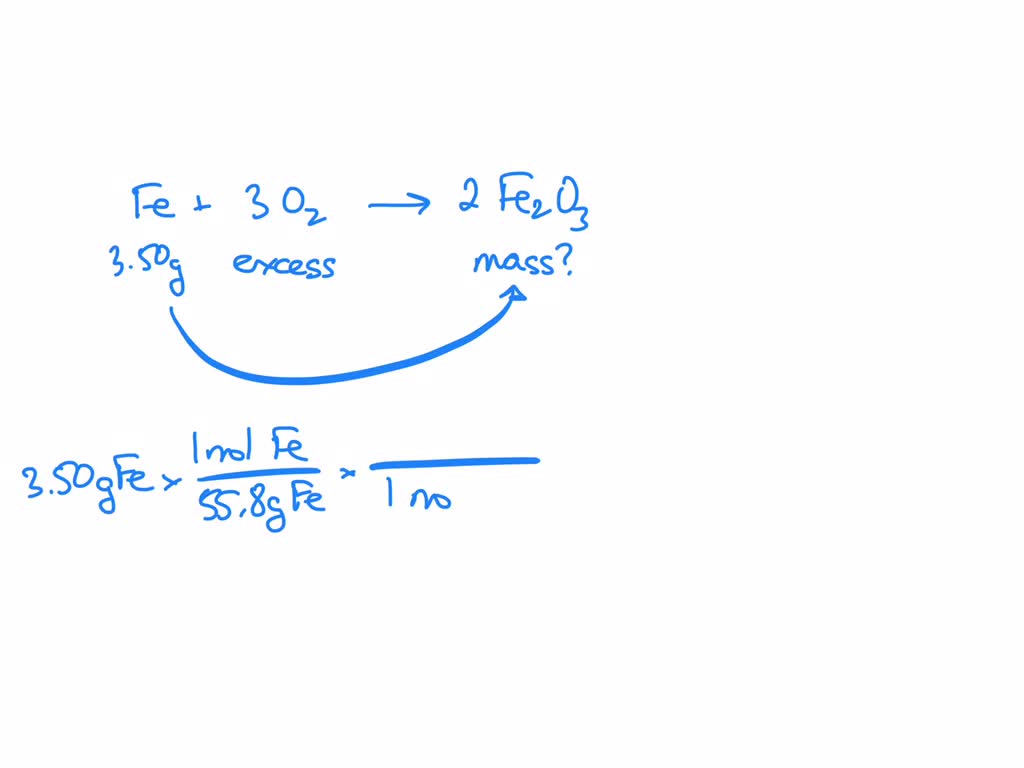 3.50 grams of elemental iron reacts in excess oxygen to make Fe2O3 (s
