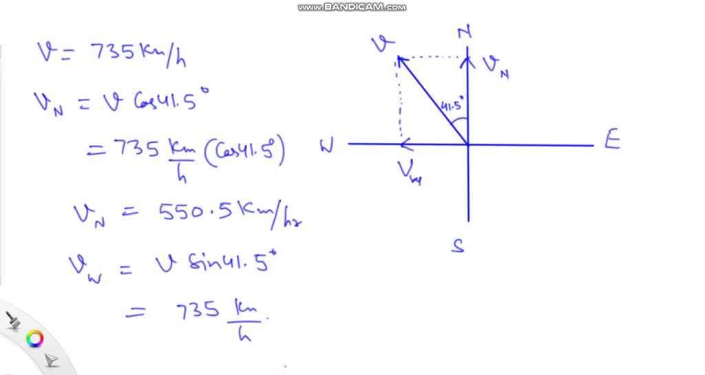 SOLVED An airplane is traveling 735km/h in a direction 41.5 degrees
