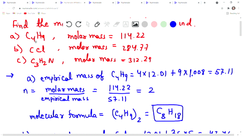 the-molar-mass-and-empirical-formula-of-several-compounds-are-listed-find-the-molecular-formula-of-each-compound-a-c4h9-11422-gmol-b-ccl-28477-gmol-c-c3h2n-31229-gmol-2