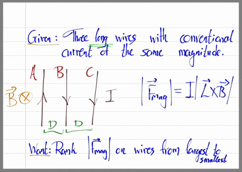 question-28-3-points-three-long-straight-wires-carry-conventional-current-of-the-same-magnitude-as-shown-in-the-diagram-below-the-ranking-of-the-magnitudes-of-the-magnetic-forces-on-the-wire-49427